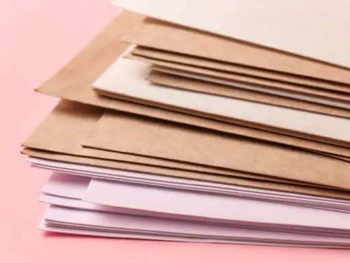 Stos papierów w różnych odcieniach brązu i różu. Różne rodzaje papieru, od kraftowego po delikatnie barwiony, tworzą ciekawą kompozycję.