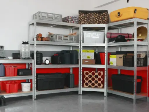 Praktische Garagen Ideen: Werkzeug, Kisten, Reifen und mehr ordentlich verstaut auf Metallregalen.