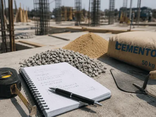 En una obra, un cuaderno con cálculos, cinta métrica, pala, grava, arena y un saco de cemento de 50 kg, listo para el peso hormigón.