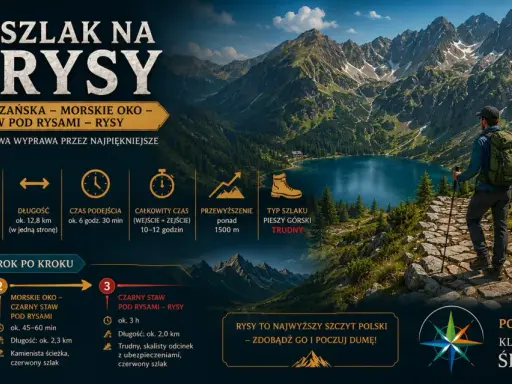 Wędrowiec na szlaku na Rysy, z widokiem na Morskie Oko i majestatyczne Tatry. Trasa prowadzi przez malownicze krajobrazy.