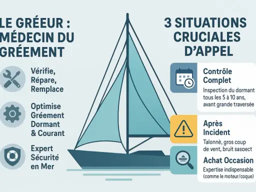 Illustration d'un voilier avec une voilure stylisée, expliquant le rôle du gréeur pour la sécurité et l'entretien du gréement.