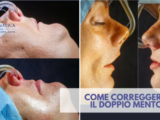 Prima e dopo un intervento per correggere il doppio mento. Immagini ravvicinate del viso di una persona durante una procedura medica.