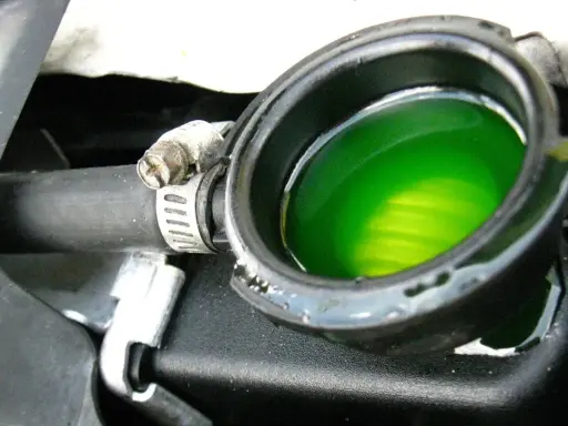 Líquido refrigerante verde brillante en el depósito del radiador, cerca de la junta culata. El aceite no se ve, pero el refrigerante es vital para el motor.