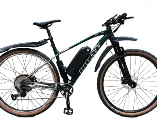 Zielony rower z napędem elektrycznym, zestaw do konwersji roweru 250w. Wyposażony w błotniki i opony z brązowymi bokami.