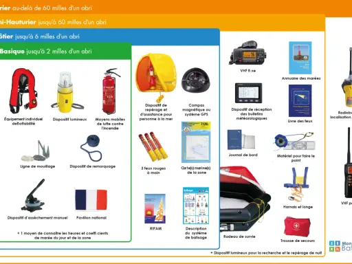 VHF fixe et portatif, radiobalise, et autres équipements de sécurité maritime, y compris un système MMSI pour la communication VHF.