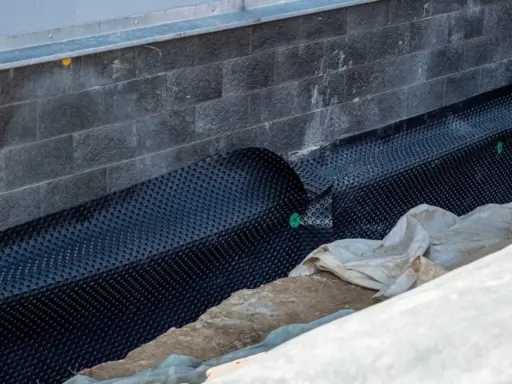 Schutzschicht für die dachterrasse abdichten. Noppenbahn schützt die Wand vor Feuchtigkeit.