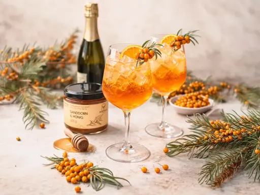 Zwei erfrischende Sanddorn Spritz Cocktails mit Orangenscheiben und Sanddornzweigen, daneben eine Flasche Sekt und ein Glas Sanddorn & Honig.