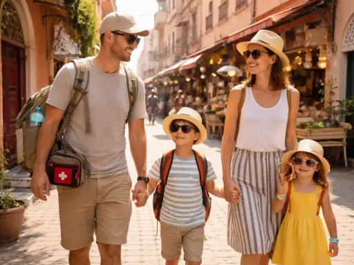 Familia feliz paseando por un zoco, disfrutando de su aventura de marrakech con niños.