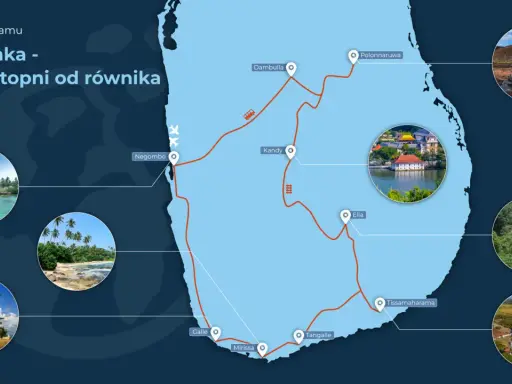 Mapa pokazuje trasę podróży po Sri Lance, wyspie leżącej na Oceanie Indyjskim, na południowy wschód od Indii.