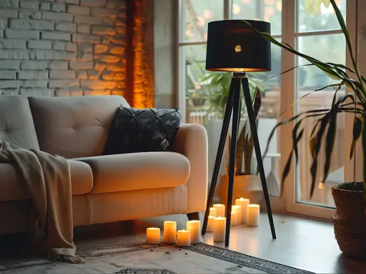 Przytulny salon z kanapą, dywanem i lampą stojącą chrom. Wokół lampy płoną świece, tworząc ciepłą atmosferę.