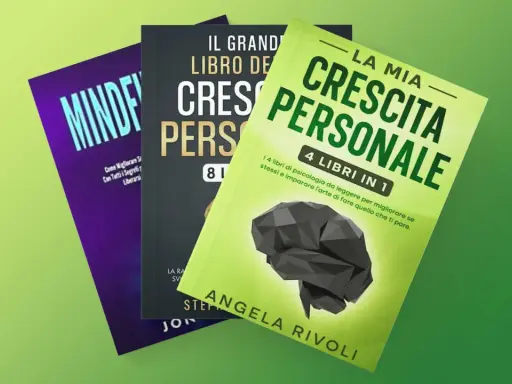 Tre libri per la crescita personale, uno verde brillante con un cervello stilizzato, uno nero e uno viola, disposti su uno sfondo verde.