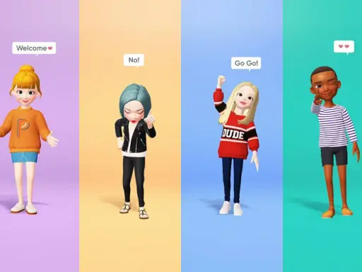 Cuatro avatares de estilo Zepeto, con diferentes poses y mensajes, ideales para todas las edades.