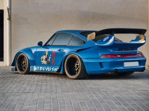 Blauer RWB Porsche mit japanischen Motiven und Schriftzug "HIDEyoshi". Ein echter Hingucker in der rauh welt.