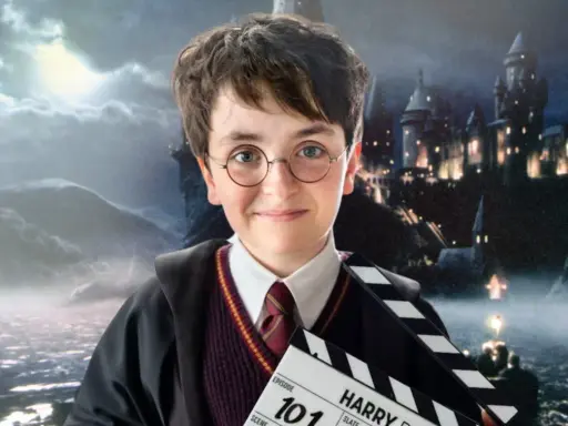 Chłopiec w okularach i szacie Hogwartu trzyma klaps filmowy. Tło to zamek i krajobraz z uniwersum Harry'ego Pottera.