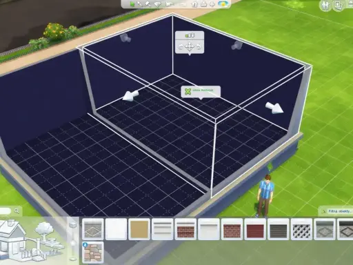 Budowanie w The Sims 4: jak zrobić pół płytki. Widok na pusty pokój z siatką podłogową i narzędziami do budowy.