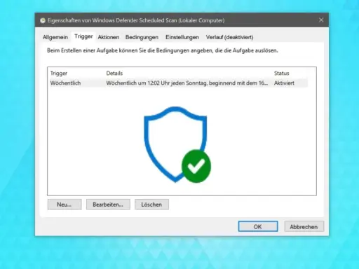 Windows Defender plant wöchentliche viren scan. Ein Schild mit Häkchen symbolisiert Sicherheit.