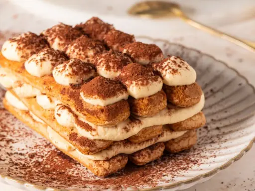 Pyszne tiramisu bez jajek, warstwowo ułożone biszkopty i krem, posypane kakao. Idealne na deser.