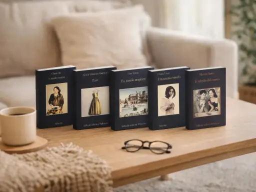 I delitti del Barlume: libri in ordine cronologico, una tazza di caffè e occhiali sul tavolo.