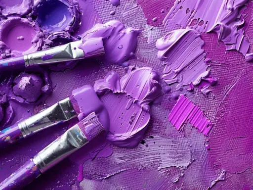 Pinceaux et peinture violette sur une palette. Découvrez comment faire du violet avec de la peinture pour vos créations artistiques.