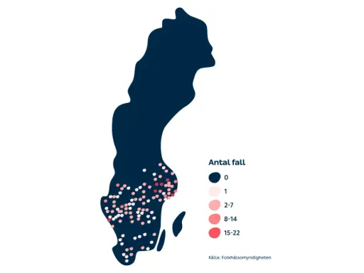 En karta över Sverige med prickar som visar antal fall. Mörka prickar indikerar noll fall, medan ljusare och rödare prickar visar fler fall.