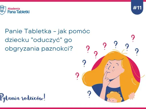 Domowy sposób na obgryzanie paznokci u dzieci? Ilustracja przedstawia zamyśloną kobietę otoczoną znakami zapytania, szukającą odpowiedzi na to pytanie.