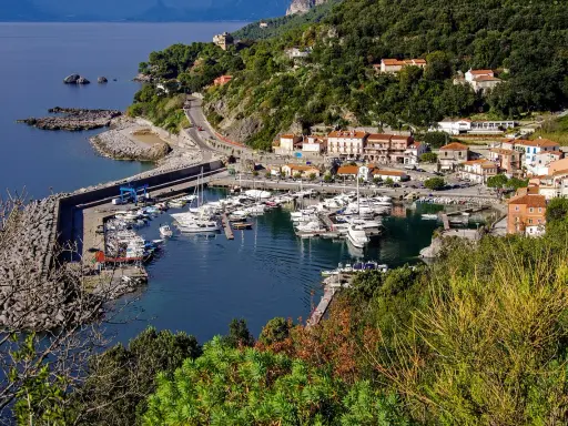 Maratea: un incantevole porto con barche ormeggiate, case colorate e vegetazione lussureggiante. Scopri cosa vedere nel suo centro storico.