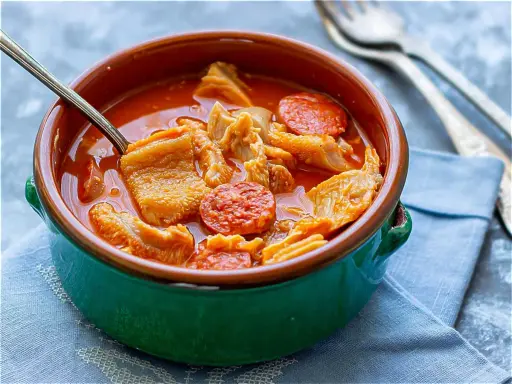 Un cuenco verde con callos a la madrileña, trozos de chorizo y un tenedor.