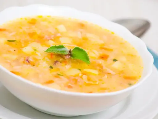 Una ciotola di zuppa cremosa con pezzi di patate e riso, guarnita con una foglia verde. Un piatto confortante che sa di casa.