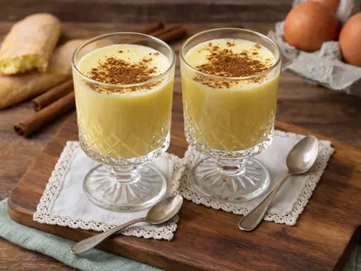 Zwei Gläser cremiger Zabaione, bestreut mit Zimt. Dazu Savoiardi-Kekse und Zimtstangen – ein perfektes Zabaione Rezept.