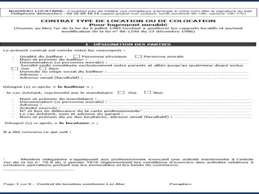 Document de contrat type pour comment faire un bail de location de logement meublé, avec sections pour désigner les parties (bailleur, locataire) et leurs informations.