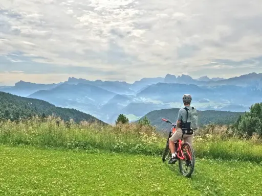 Ciclista con bici da enduro ammira il panorama montano. Un'avventura in bici, forse a Cervia, tra prati fioriti e cime nebbiose.