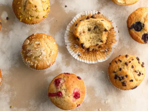 Verschiedene Muffins, darunter Schoko-, Blaubeer-, Himbeer- und Pistazienmuffins. Ein leckeres Muffins Rezept zum Nachbacken.