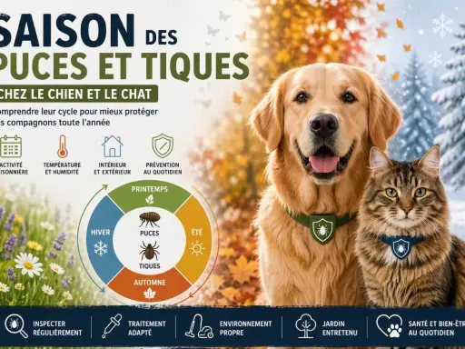 Un chien et un chat souriants, avec un schéma expliquant le cycle des puces et tiques selon les saisons. Protégez vos compagnons toute l'année !