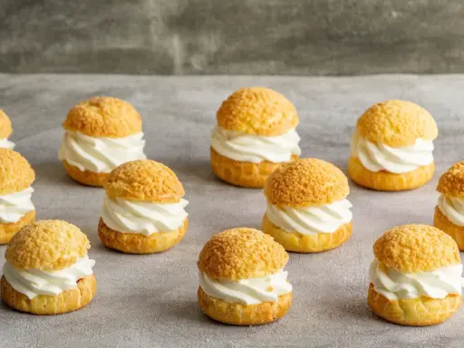 Douze petits choux garnis de crème fouettée, parfaits pour une recette pâte à choux réussie.