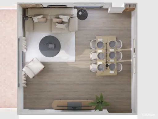 Vista aérea de un salón-comedor moderno. El salón tiene un sofá beige, mesa de centro redonda y sillón. El comedor, con mesa de madera y seis sillas, se ubica junto a la ventana. Las medidas del salón son ideales para este diseño.