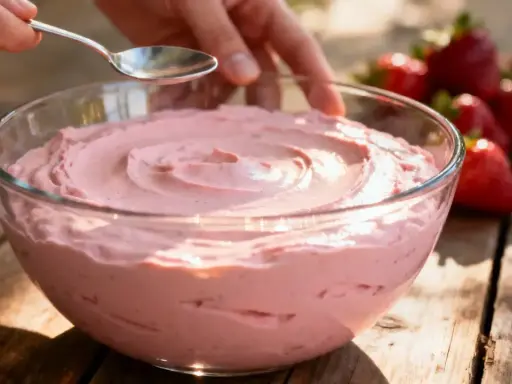Bol de crème de fraises et mascarpone, avec des fraises fraîches sur le côté.