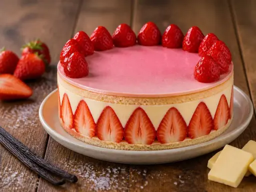 Gâteau rond avec un glaçage miroir fraise, décoré de fraises fraîches et de tranches de fraises sur le pourtour.