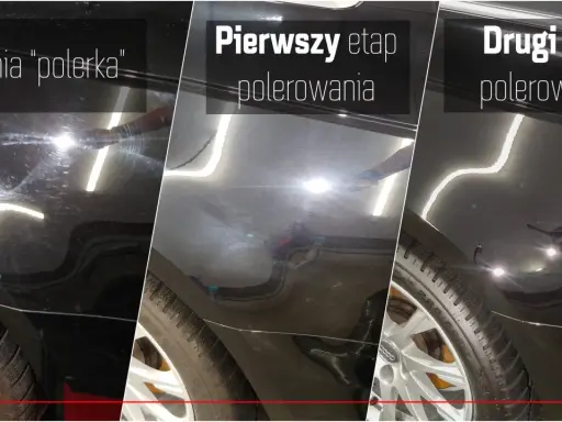 Porównanie efektów: tania "polerka" vs. pierwszy i drugi etap polerowania auta. Widać różnicę w głębi lakieru.