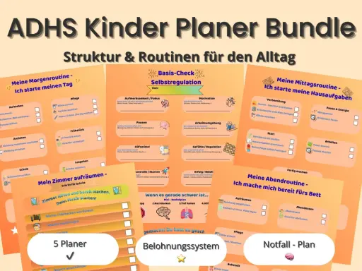 ADHS Kinder Planer Bundle: Struktur & Routinen für den Alltag. Hilft bei der **adhs impulskontrolle** durch Morgen-, Mittag- und Abendroutinen sowie Notfallpläne.