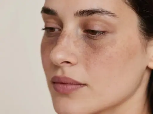 Visage d'une femme avec des taches brunes sous les yeux, évoquant le masque de grossesse du 1er trimestre.