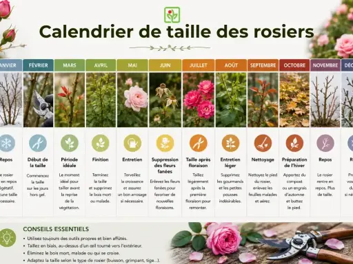 Calendrier pour savoir comment tailler un rosier mois par mois, de janvier à décembre, avec des conseils essentiels.