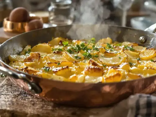 Un plat traditionnel auvergnat : des pommes de terre coupées en fines rondelles, dorées et fumantes dans une poêle en cuivre, garnies de persil frais.