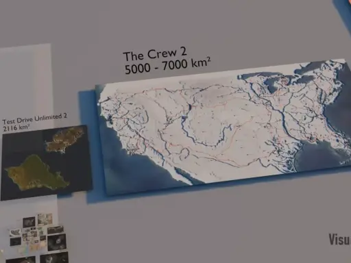 Mapa gry The Crew 2, porównująca jej ogromną powierzchnię z innymi grami. Cała ekipa graczy może przemierzać te tereny.