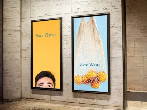 Dos carteles publicitarios con altas resoluciones de imágenes. Uno muestra un ojo mirando hacia arriba sobre fondo amarillo con "Save Planet". El otro, una bolsa de red con melocotones y "Zero Waste".