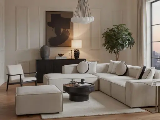 Un soggiorno con un divano componibile bianco, tavolino nero, poltrona e pouf. L'arredamento riflette uno stile contemporaneo casa, con un quadro astratto e una lampada di design.