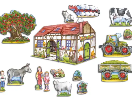 Bunte Bauernhof Bastelvorlagen mit Haus, Tieren, Traktor und Kindern. Perfekt für kleine Landwirte zum Spielen und Gestalten.