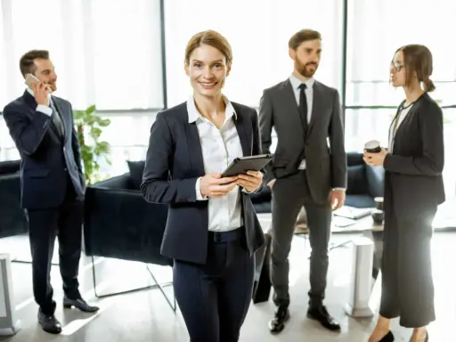 Une femme souriante, possiblement le chief of staff, tient une tablette. Autour d'elle, des collègues en costume discutent dans un bureau moderne.