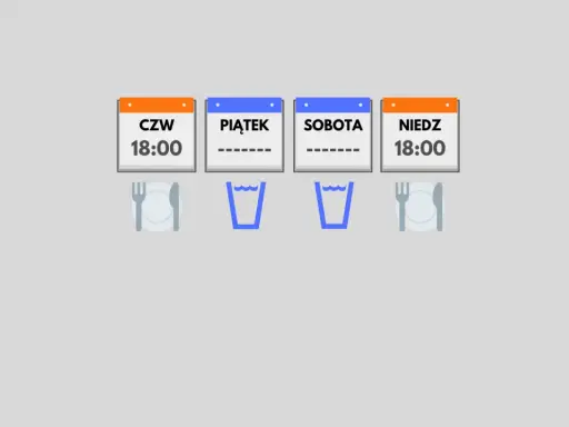 Cztery kalendarze: czwartek, piątek, sobota, niedziela. Post jednodniowy? Zastawiony stół i szklanki wody.