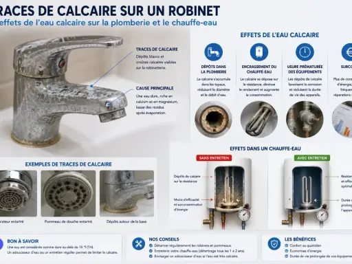Robinet entartré par l'eau calcaire, un problème courant à Strasbourg. L'image montre les dépôts blancs et les effets sur la robinetterie et le chauffe-eau.