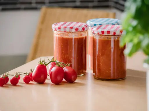 Frische Tomaten und eingekochte Tomatensauce in Gläsern. Die Frage "Tomatensauce einkochen wie lange?" beschäftigt viele Hobbyköche.